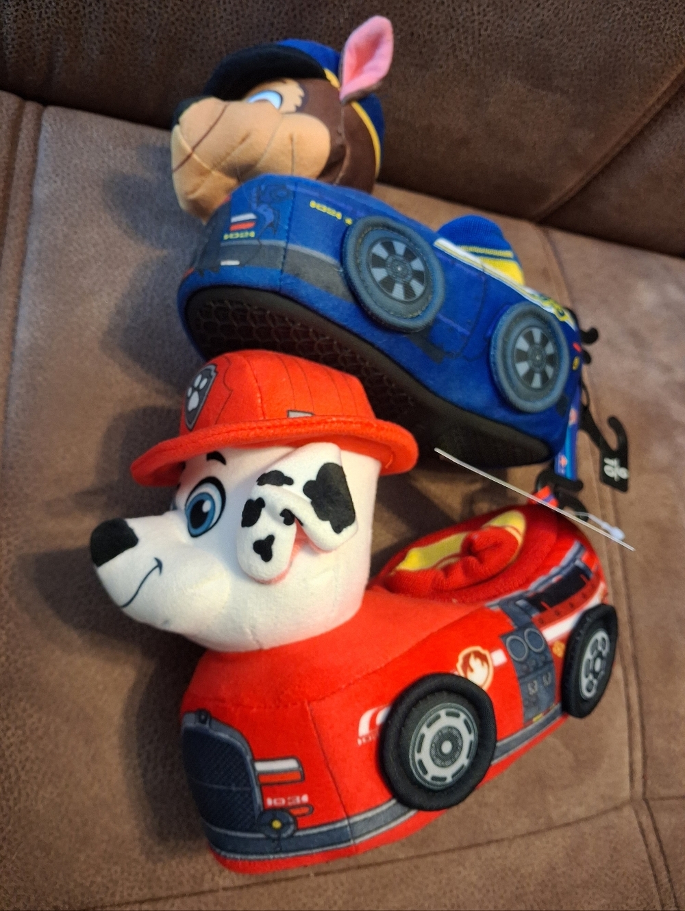 Paw Patrol Chase and Marshall Plush Vehicle Slippers Pair - Blue & Red Size 9-10